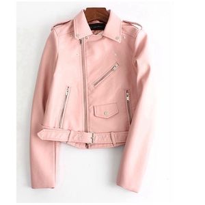 Pastel pink faux leather moto jacket